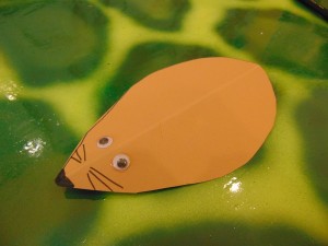 Fold another piece of paper in half, for the mouse’s ears and repeat the above procedure. Cut out and open out the ears. Open the body and flatten it, then draw a nose and whiskers.